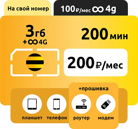 SIM-карта Билайн Пакетный 200 руб/месяц