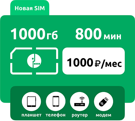 SIM-карта Мегафон 1000 1000 ГБ, 800 мин (для любого устройства)