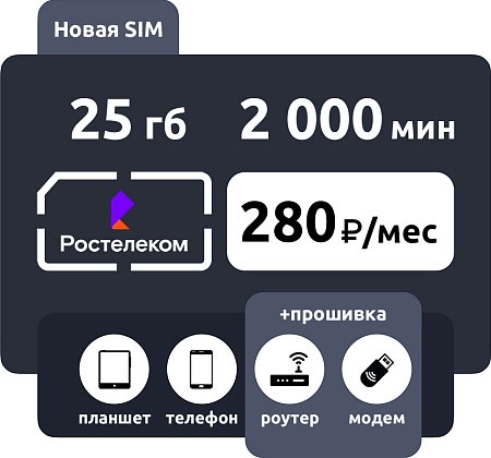 SIM-карта Ростелеком (ТЕЛЕ2) e-SIM М 280 руб/месяц 25ГБ